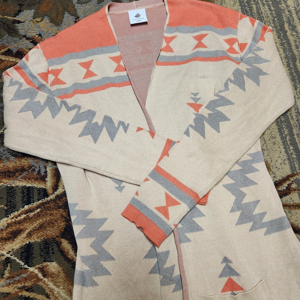 Geometric Patterned Cardigan - Cream and Orange